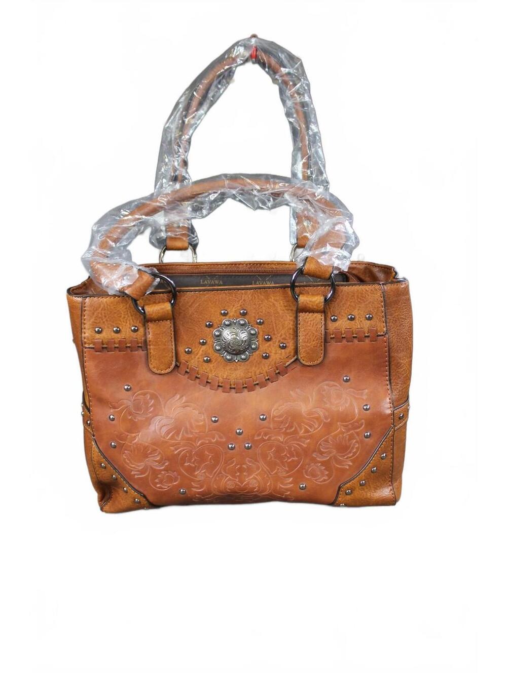 Boho Brown Studded Satchel Handbag Faux Leather Embossed